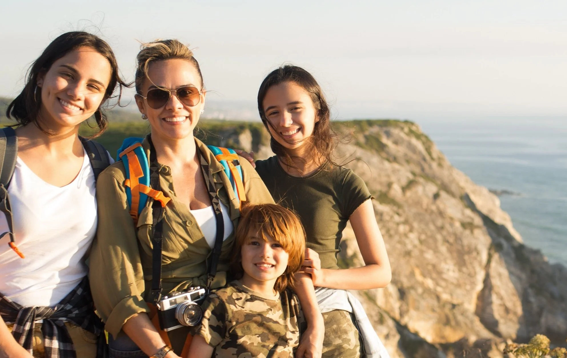 mother hiking with family