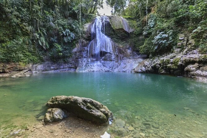 A small waterfall flowing into a clear, green pool surrounded by rocks and lush green trees.