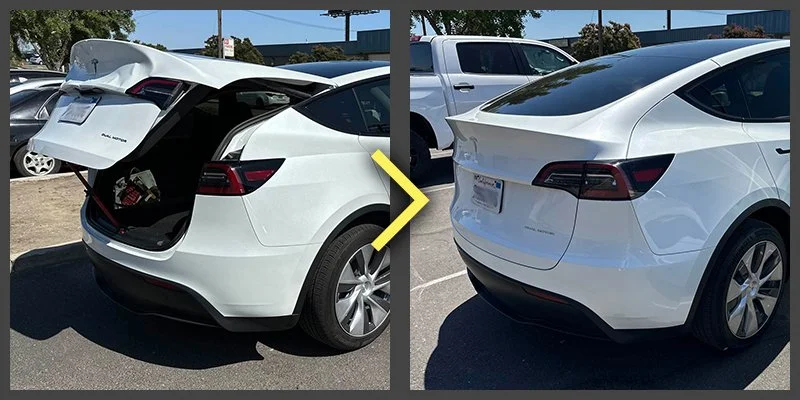 Side-by-side comparison of a white sedan showing its trunk open on the left and closed on the right, parked in an outdoor lot with other vehicles and a blue building in the background.