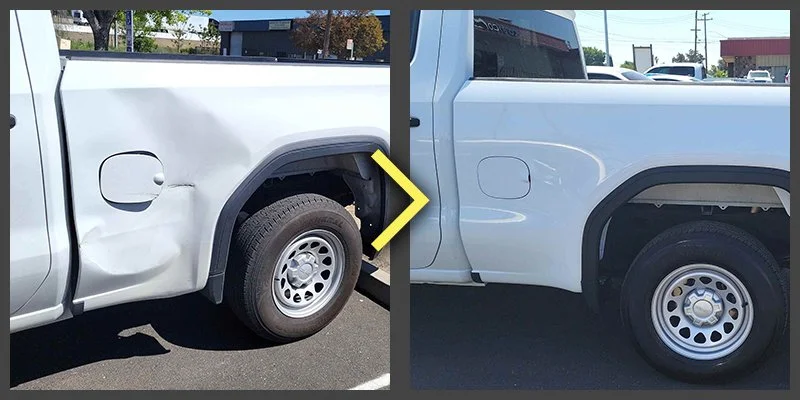 Side-by-side comparison of a white pickup truck with a dented rear side panel on the left and the same truck after the dent has been repaired on the right.