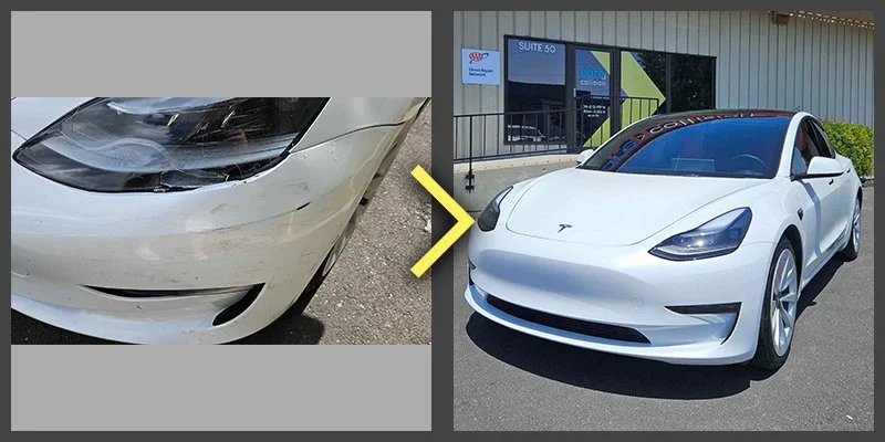 Comparison of a damaged white Tesla with a cracked headlight on the left and a new Tesla in pristine condition on the right.