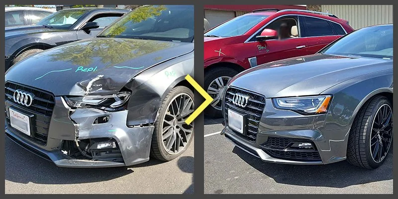 Side-by-side comparison of an Audi car before and after repair, showing a damaged, scratched, and dented front end on the left, and a repaired, pristine front end on the right.