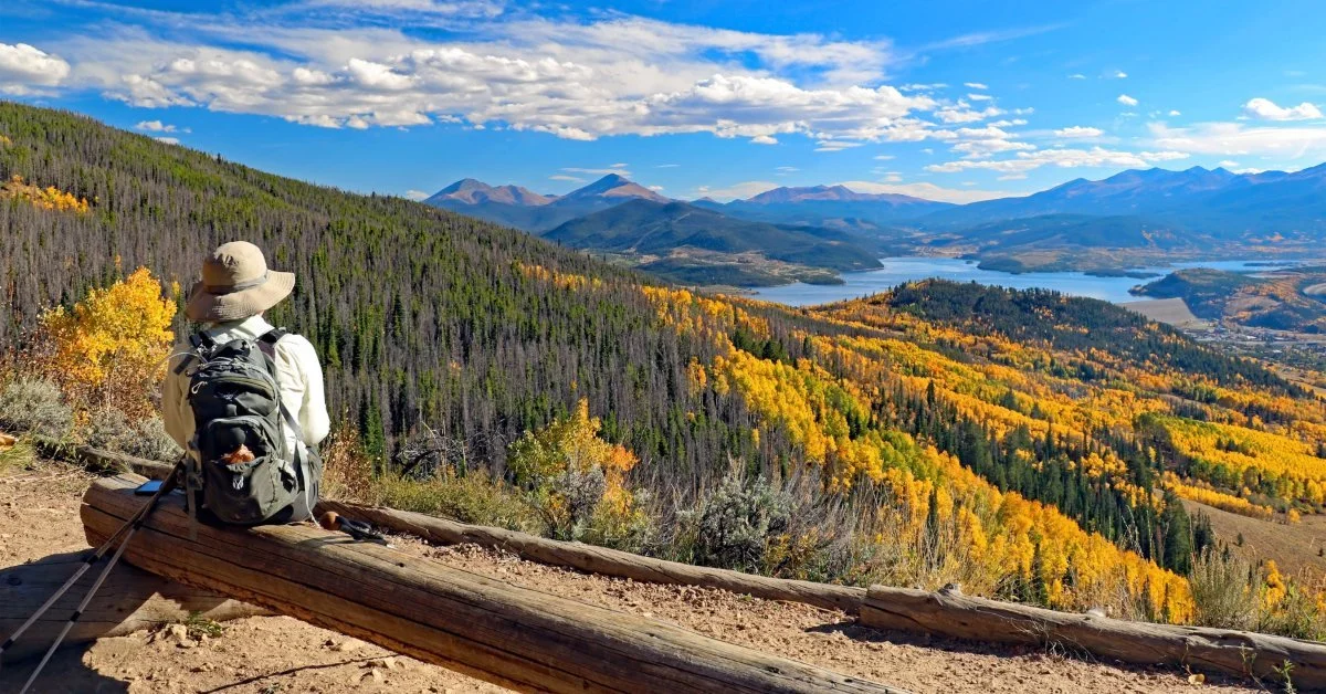 A hiker sits on a wooden log and looks at the view of Ptarmigan Peak in Summit County, Colorado, featuring forests.