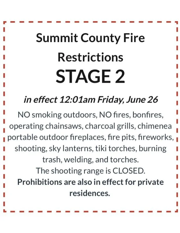 Summit County Stage 2 Fire Restrictions infographic for Breckenridge, Frisco, Dillon, Silverthorne, Keystone, and Blue River showing prohibited activities and approved propane and gas-fueled devices effective June 26, 2026.