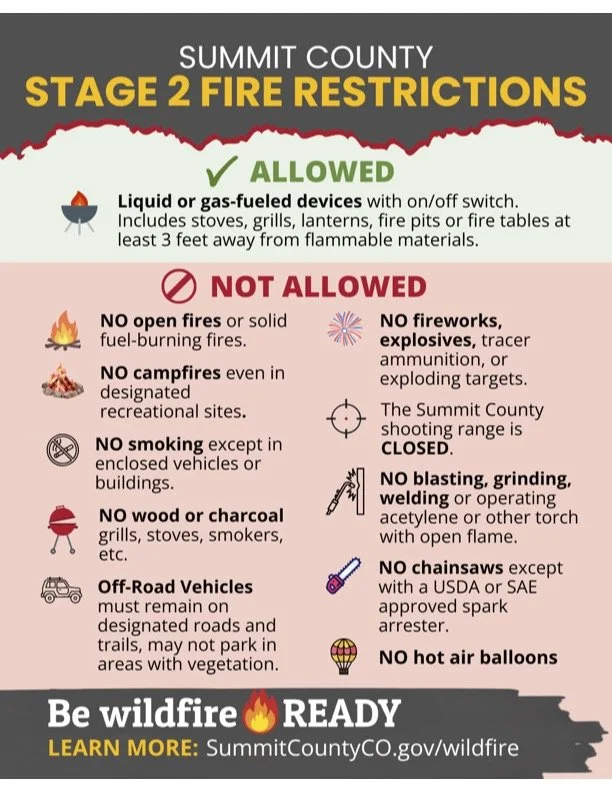 Official Summit County Stage 2 Fire Restrictions notice effective June 26, 2026, informing Breckenridge and Summit County residents and visitors of wildfire restrictions including campfires, fireworks, charcoal grills, and outdoor smoking.