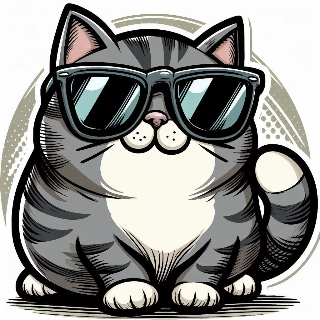 Gato con gafas de sol negras y grandes en estilo dibujo.