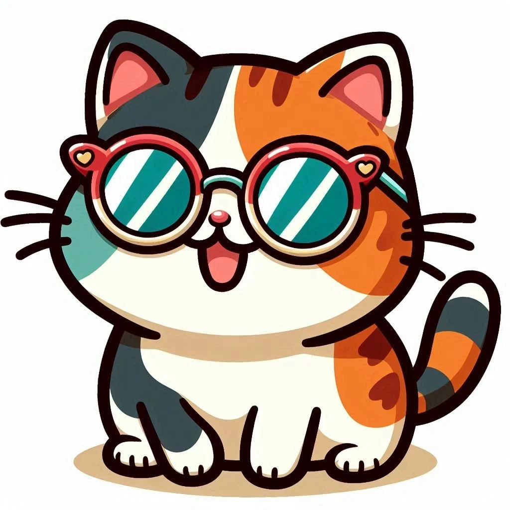 Gato adorable con gafas de sol de colores vivos y redondas.