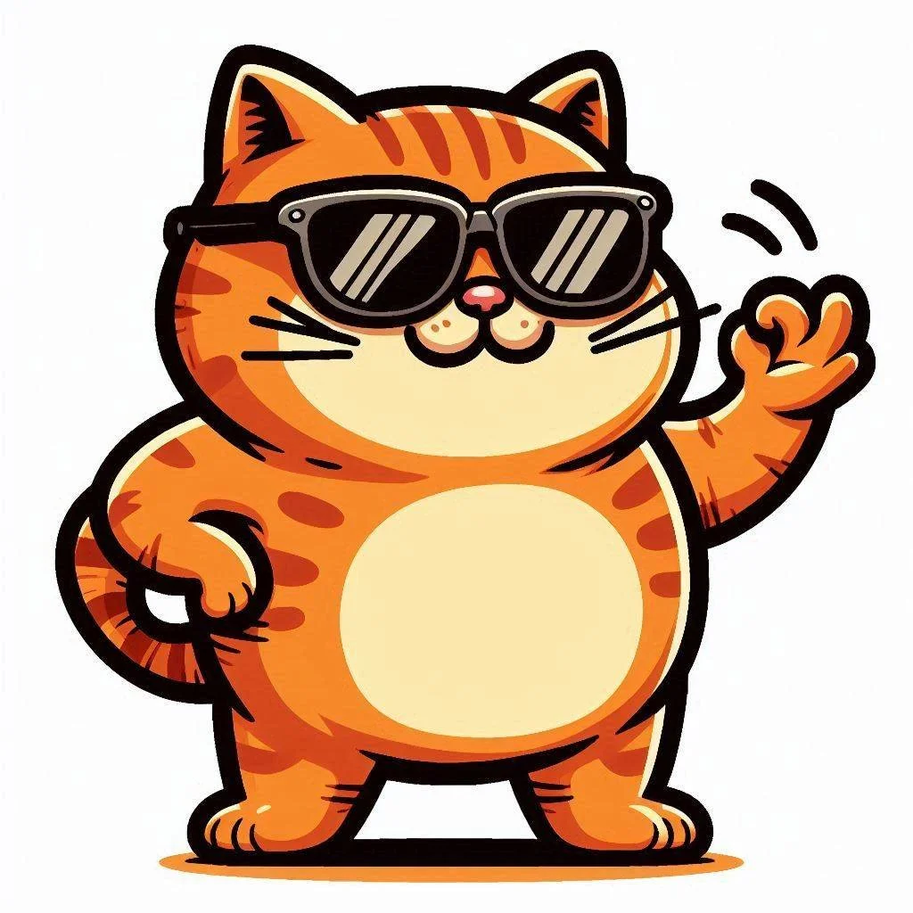 Gato caricatura anaranjado con rayas, usando gafas de sol negras, haciendo el signo de la paz con su mano y sonriendo.