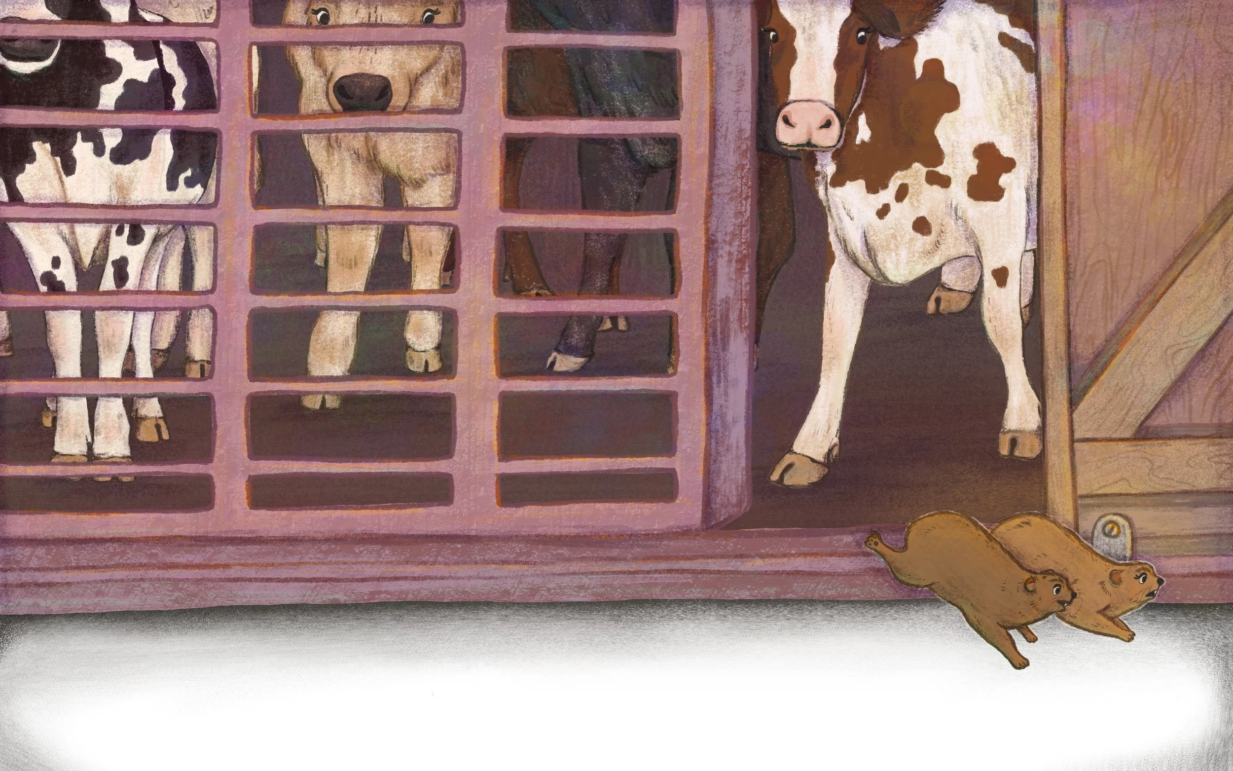 Illustration of cows that are seen in a cattle train cart and dassie / rock hyrax animals are jumping out of the train cart