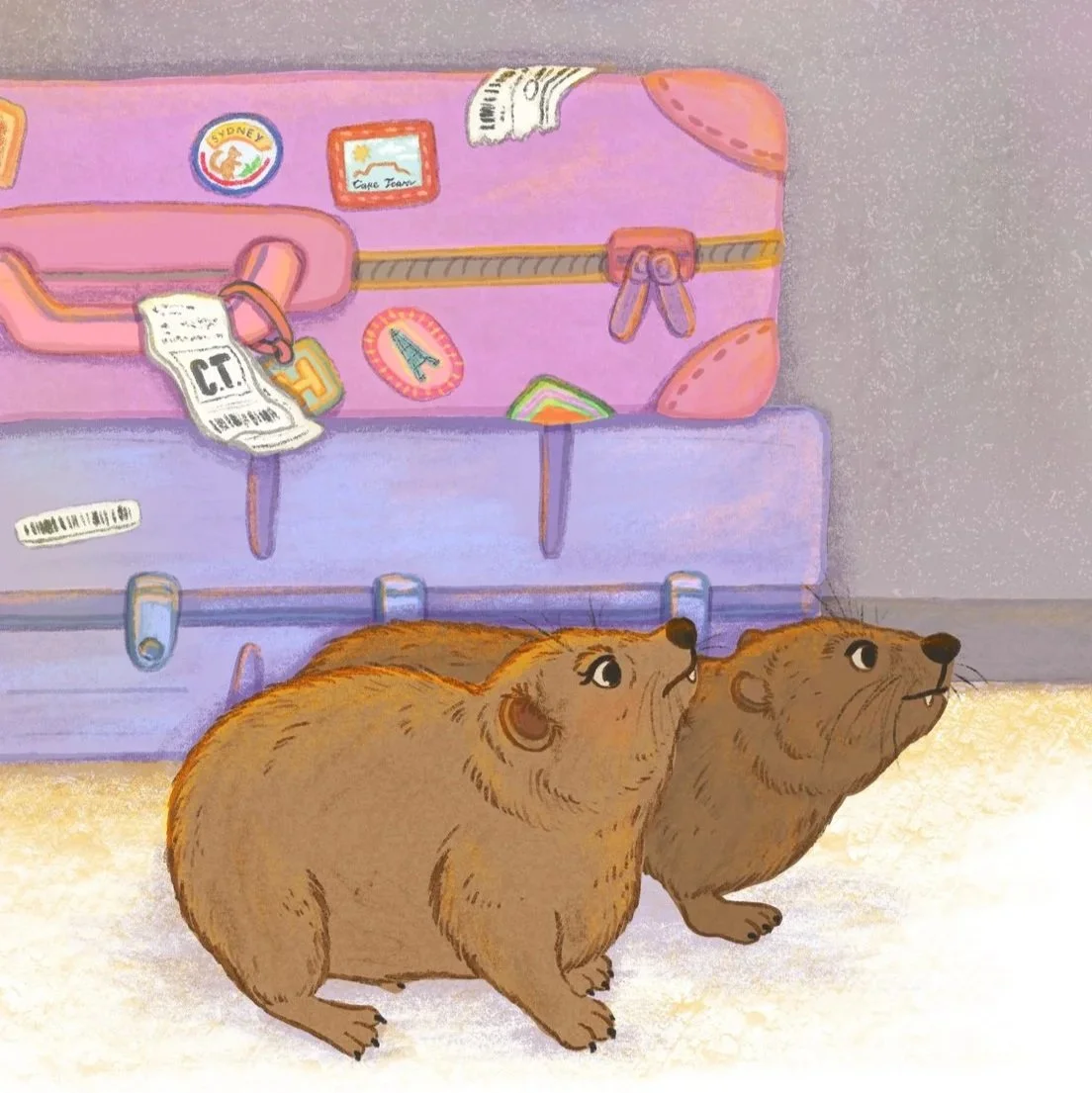 Illustration of two dassie siblings / rock hyrax twins standing in front of colourful luggage/suitcases