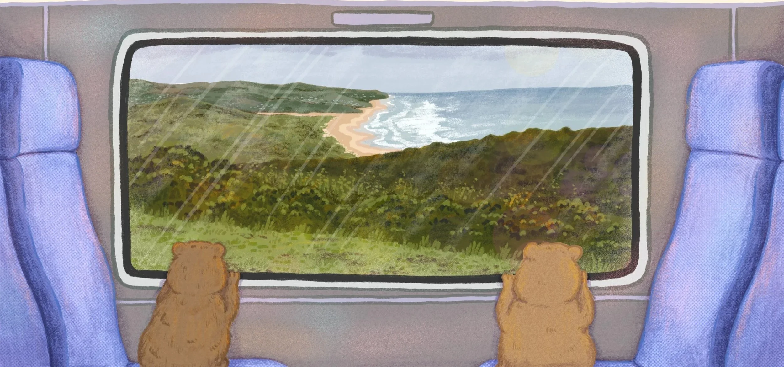 Illustration of the inside train cabin on a south african train. The view out the window is of wilderness in the Western Cape, South Africa. Dassie / rock hyrax animals looking out of the train window.