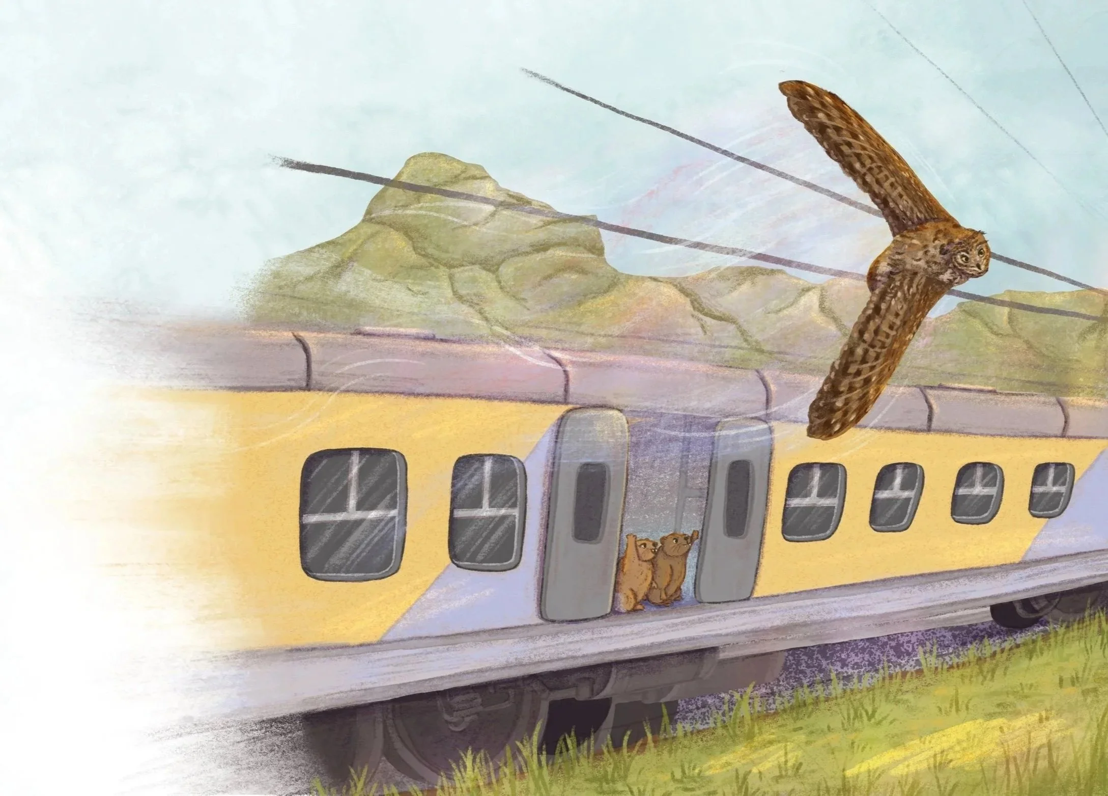 Illustration of South African train in Cape Town. Sitting in the train are two dassies / rock hyrax. Flying above the train is a south african cape owl