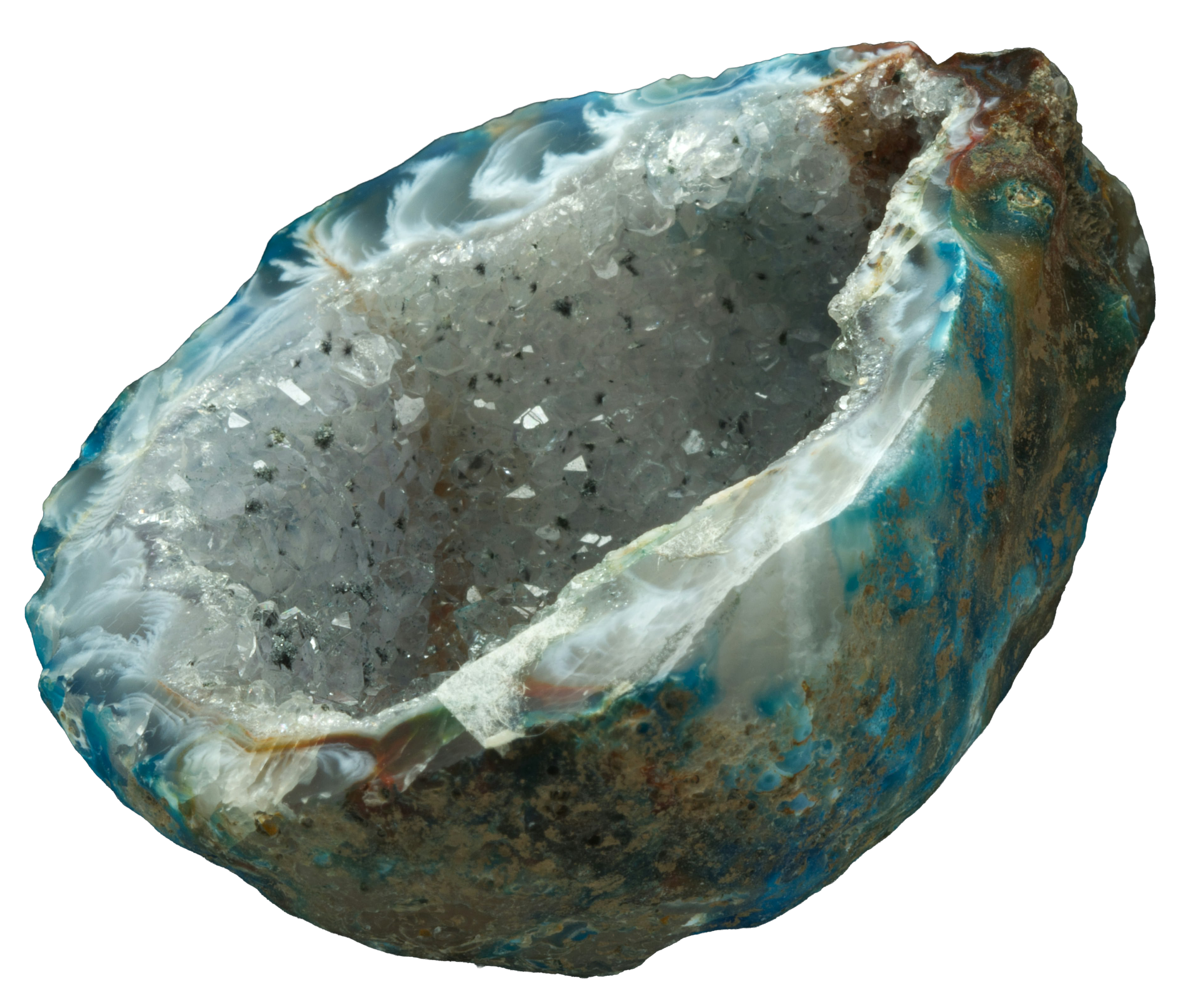 Floating teal crystal geode cut in half