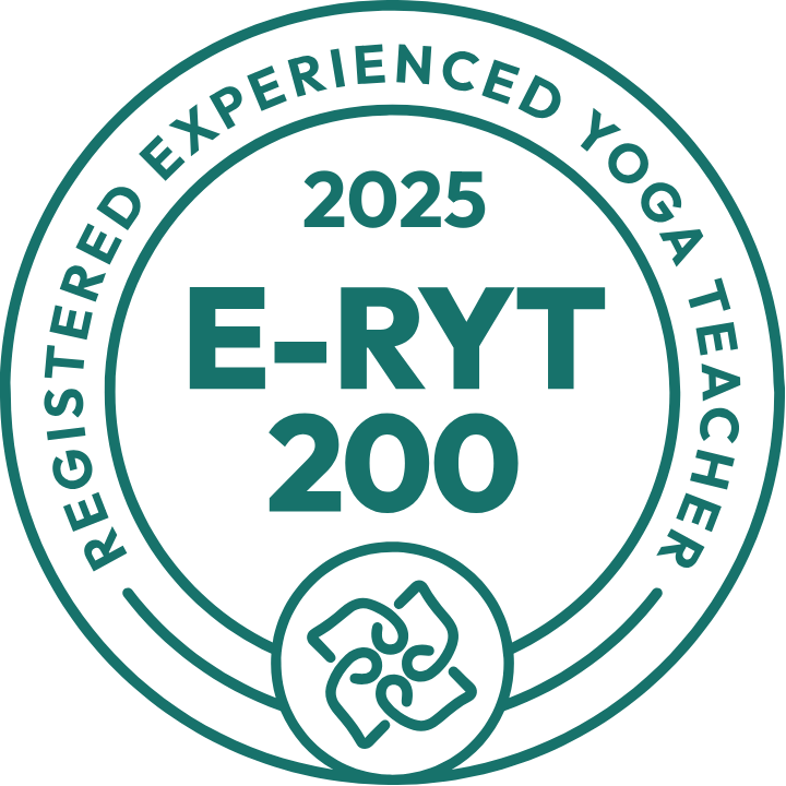 Yoga Alliance 2025 E-RYT 200" certification, surrounded by the words "Registered Experienced Yoga Teacher".