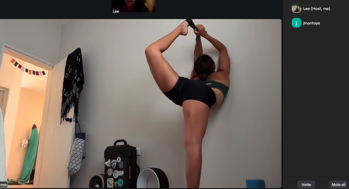 Online yoga class personalised home practice. Man doing danser's pose, natarajasana.