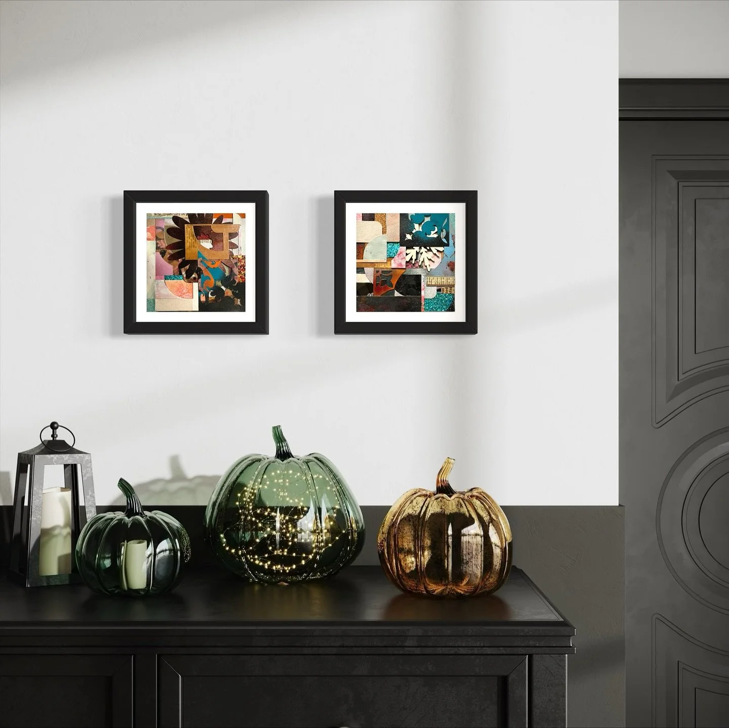 These two collages sparkle with the optimism of the holiday season. They both have a great mix of fall, orangey-pinks with the iciness of the winter, cool, turquoise blues. The chunky frames allow you to sit them on a surface like a desk, shelf or bu