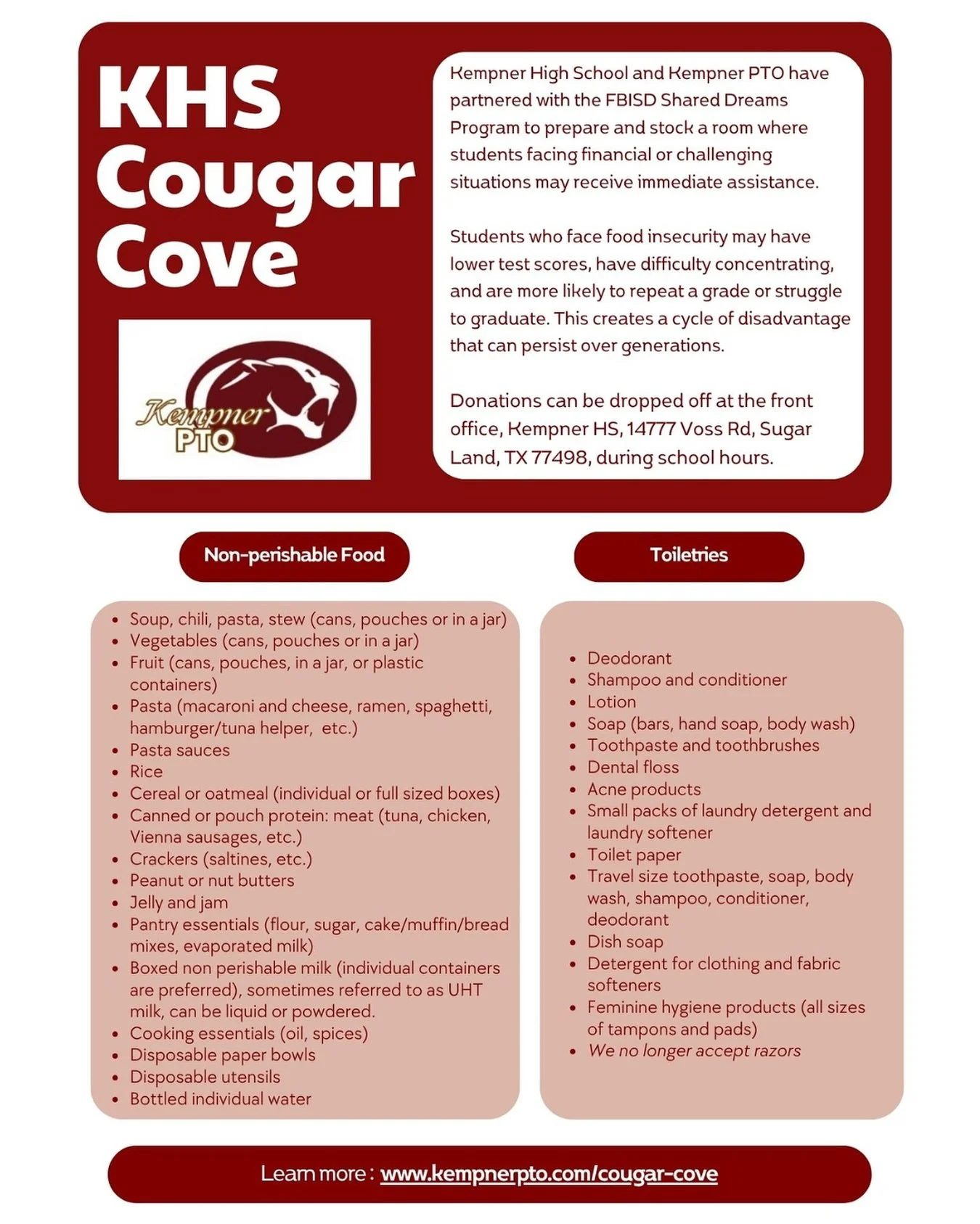 Cougar Cove is a room at the end of a hallway in my son&rsquo;s high school where students can go to get food and toiletries during lunch, Mondays and Fridays, sponsored by Kempner PTO. No questions asked, no names, no judgement, just a student ID. 
