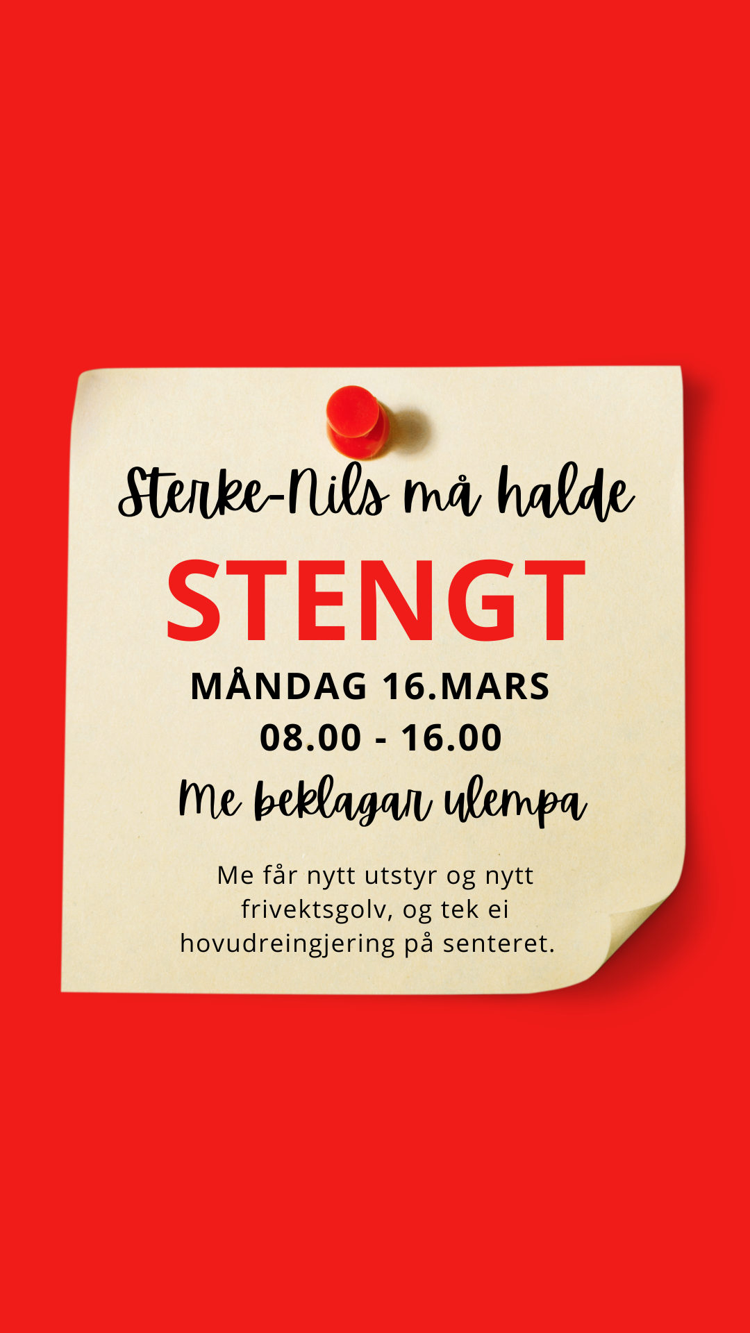 Stengt måndag 16.mars