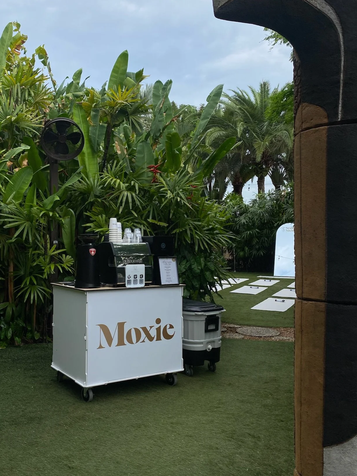 Corporate coffee bar setup designed for conferences, networking events, product launches, and brand experiences outdoors.