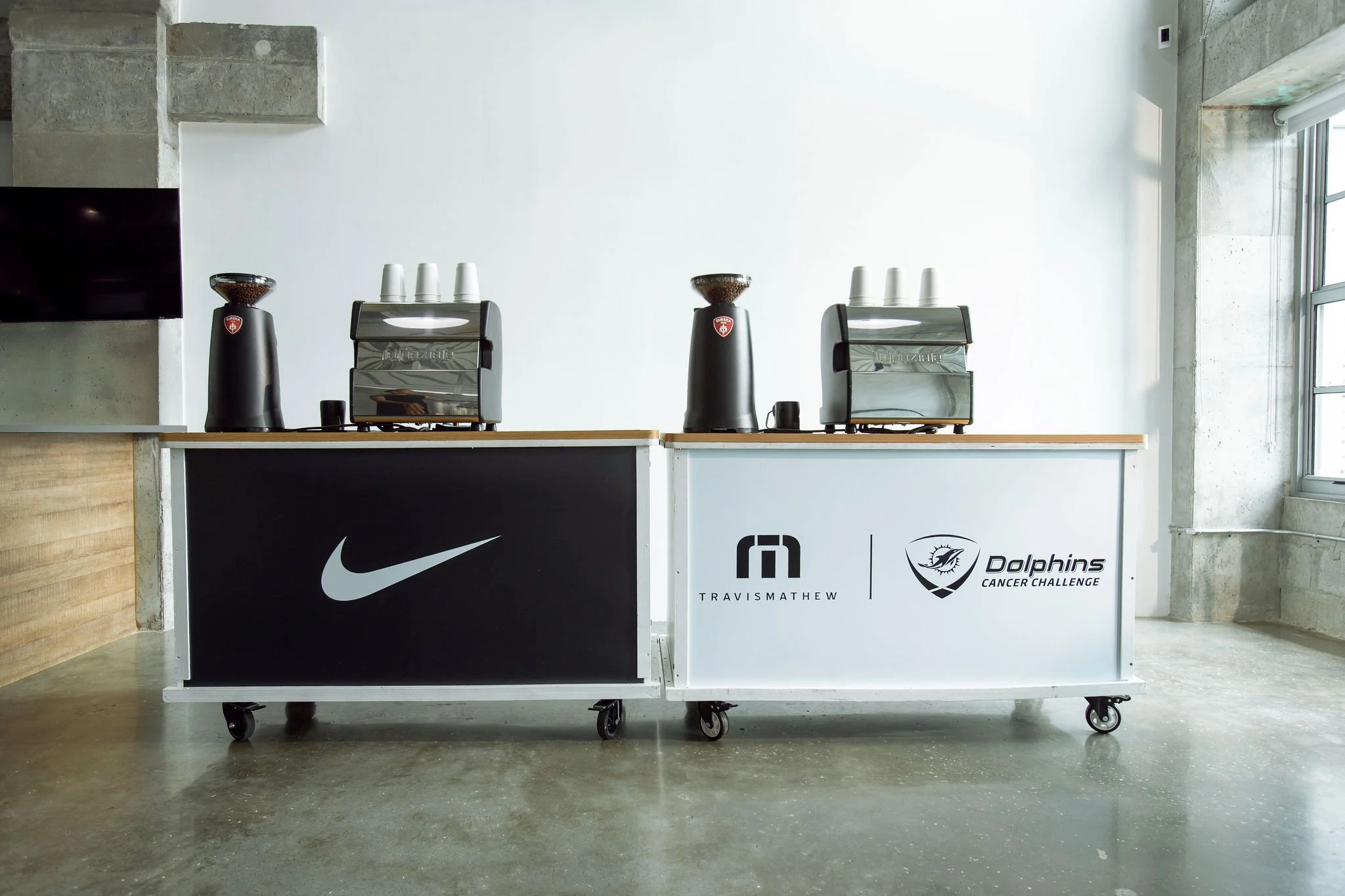 Villette Coffee Cart branded espresso bar activation for Nike and TravisMathew at the Dolphins Cancer Challenge in Miami