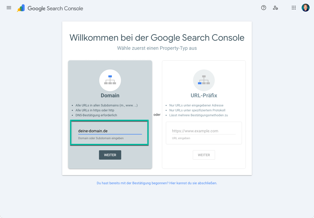 Füge deine Domain hinzu
