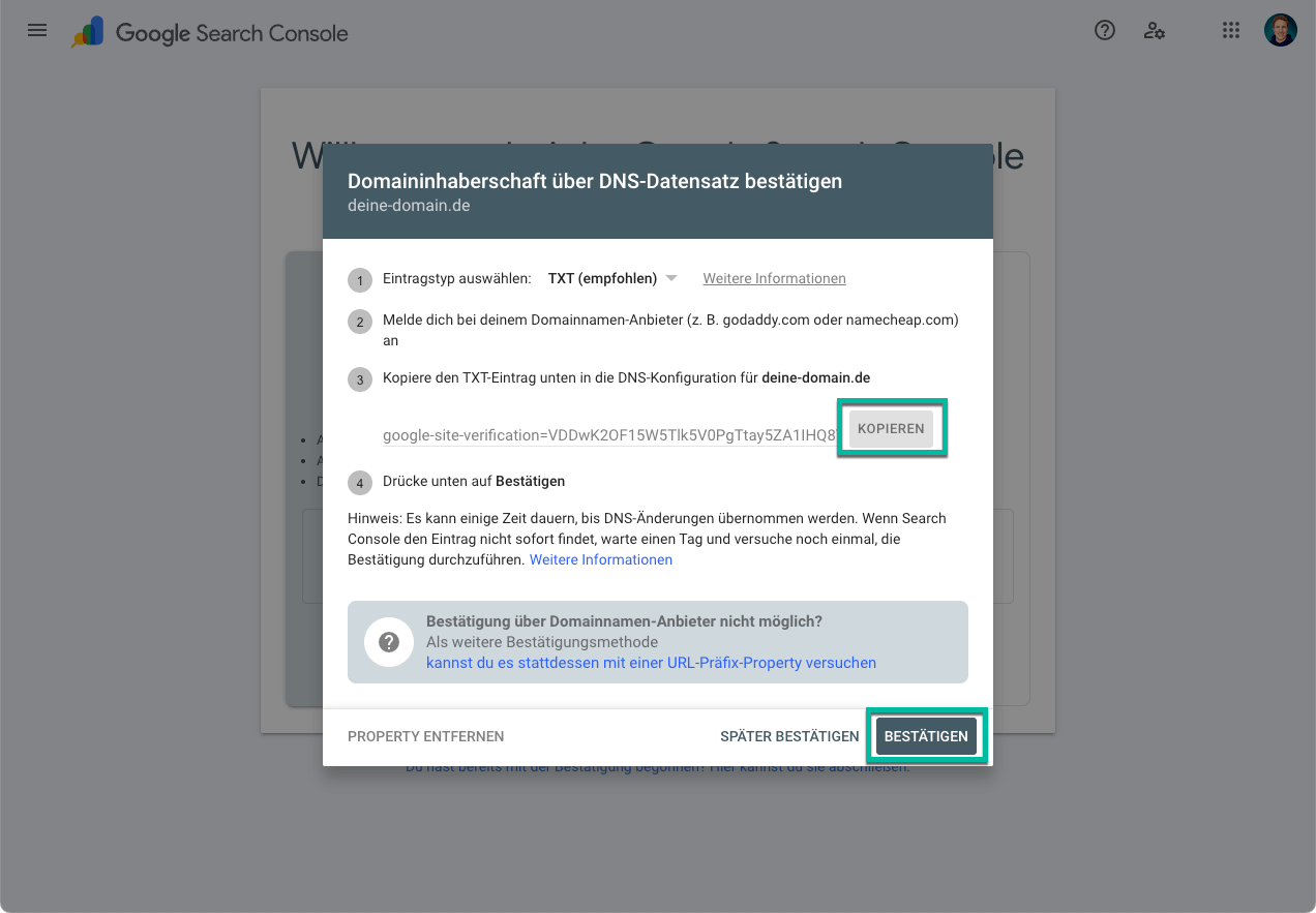 Kopiere den Verifizierungs-Schlüssel