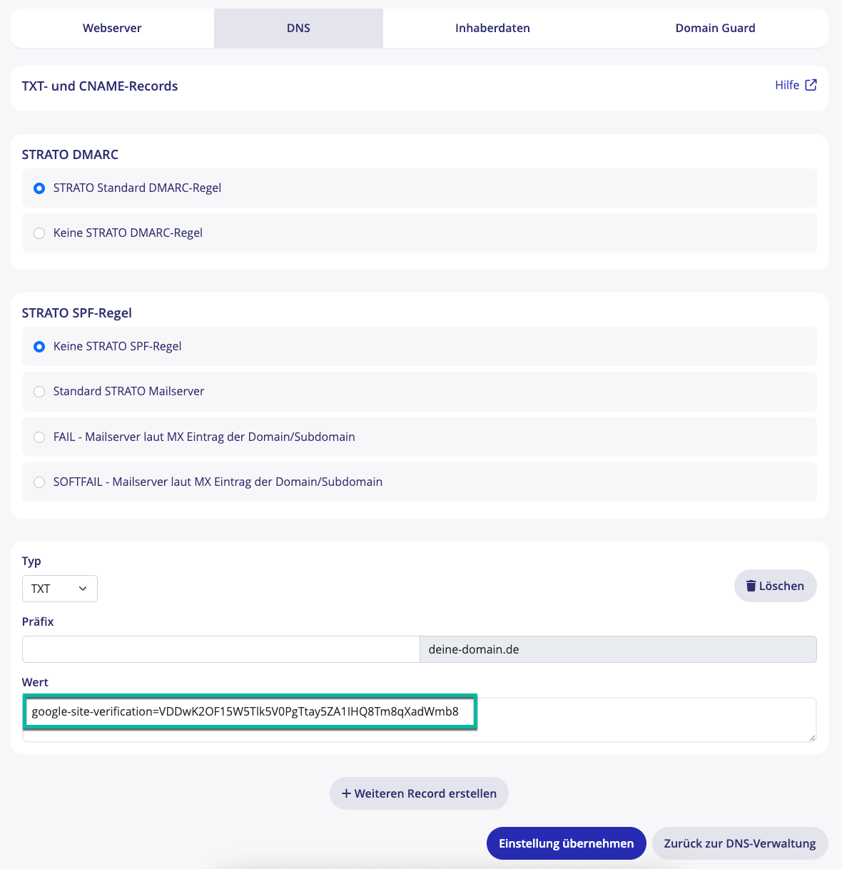 Hinterlege den Schlüssel als TXT-Eintrag in den DNS-Einstellungen deiner Domain