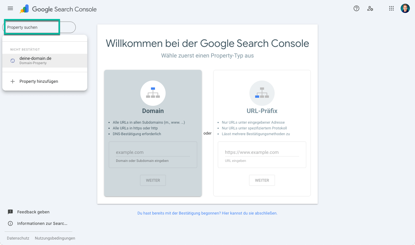 Öffne deine Domain in der Google Search Console