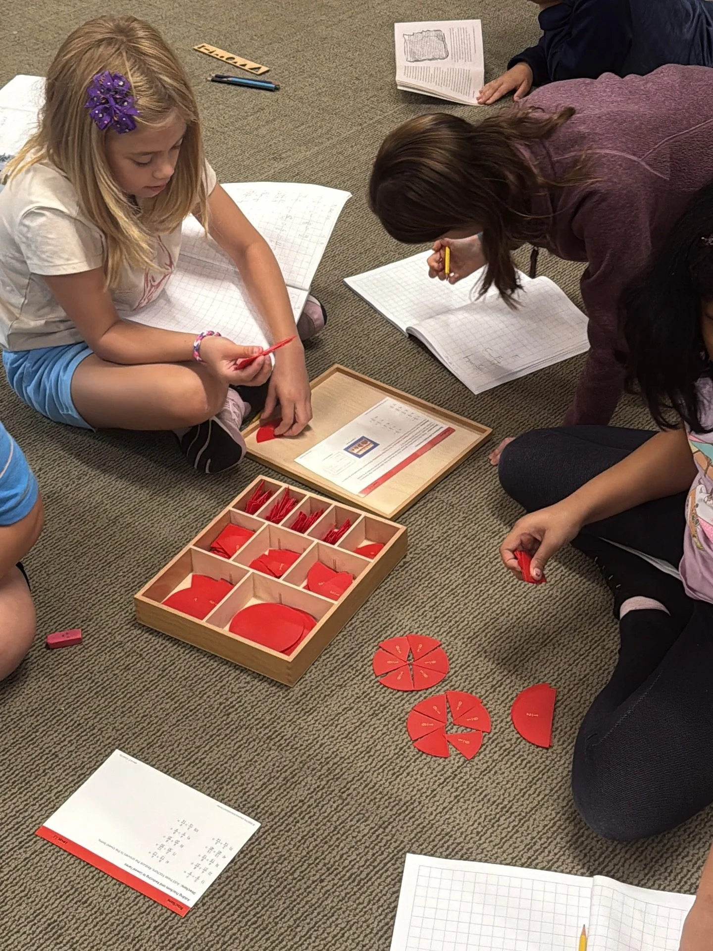 🔢✨ The Montessori fraction materials bring math to life in the upper elementary classroom. From fraction insets and skittles to equivalence cards and operation boards, students explore how fractions work through hands-on discovery. They build and co