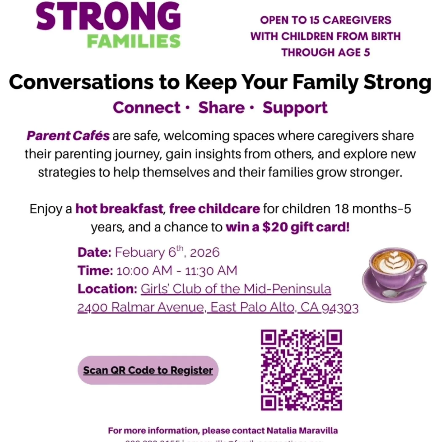 For families with children ages 0-5 in East Palo Alto...Sign up for this fun Family Cafe...light fare and  free childcare. Spaces limited.