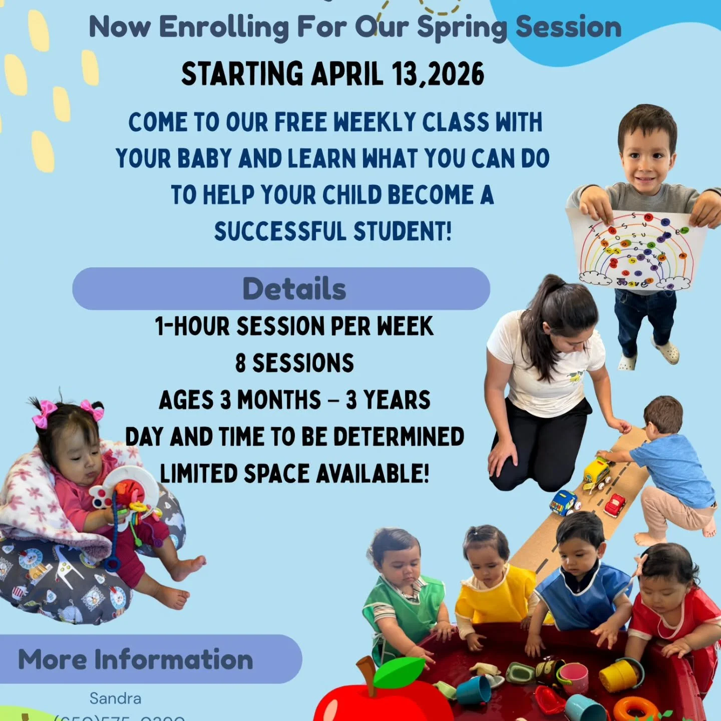 Class formations are underway. Please share this notification with families in your circle. To register or obtain additional information, feel free to call us.🍎 650-575-0390 

Se est&aacute;n formando los grupos de clase. Por favor, compartan esta n