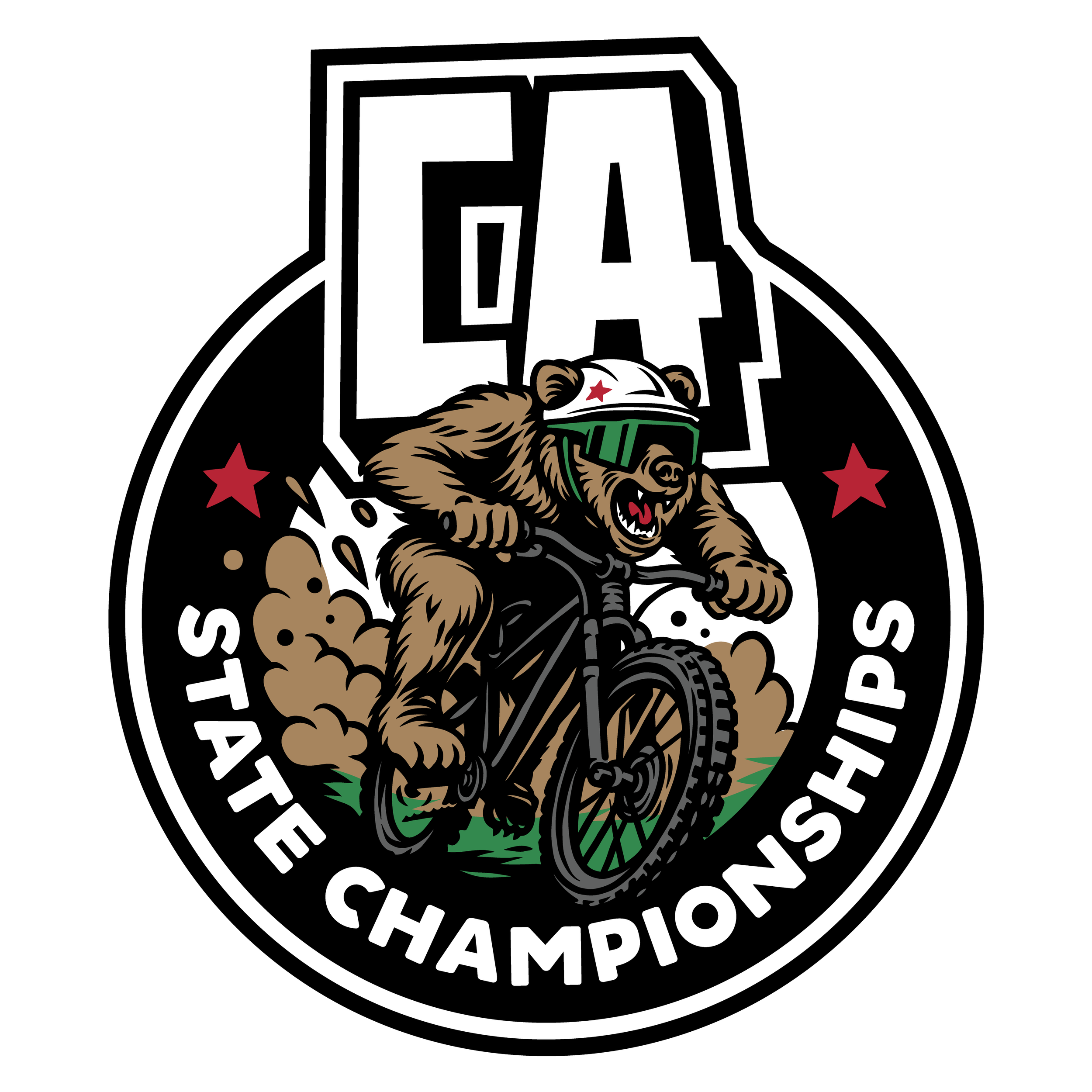 A badge with a bear wearing sunglasses and a helmet, riding a motorcycle, surrounded by stars and the words 'LEAD,