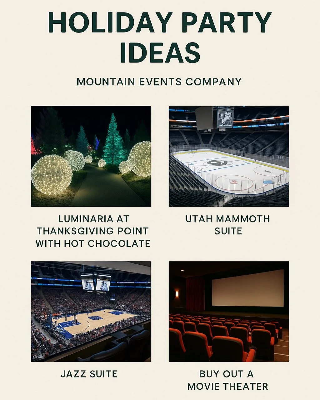 Here are just a few Holiday Party Ideas we are currently working on for clients. What sounds fun to you? If you need help organizing your event... let us know! #CorporateEvents
#OfficeParty
#CompanyCulture
#TeamCelebration
#CorporateHolidayParty
#Hol
