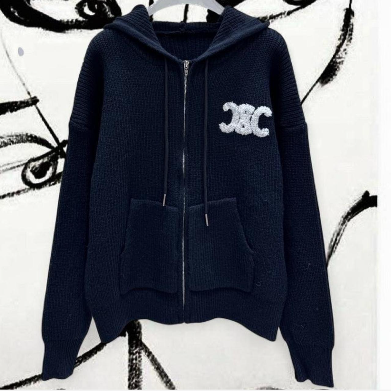 C Embroidered Hooded Cardigan