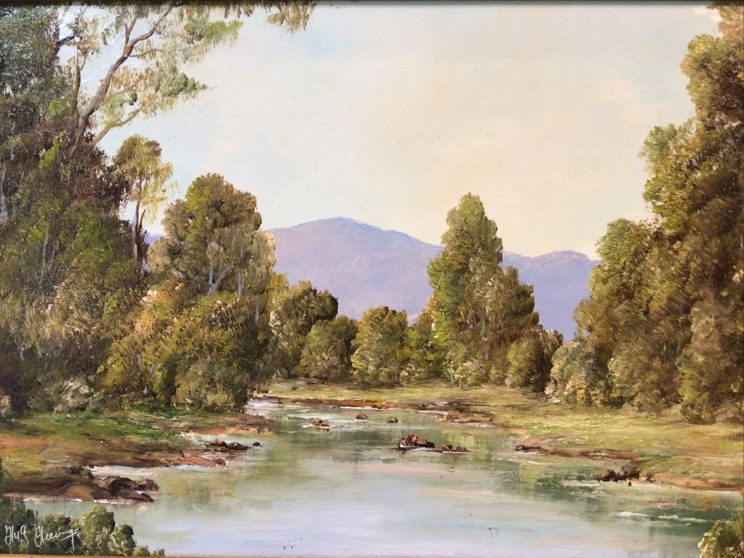 本物　油絵　オーストラリア　HAG Heerrings 絵画？ H A G Heerings River Scene Circa 1960s Framed Oil Painting