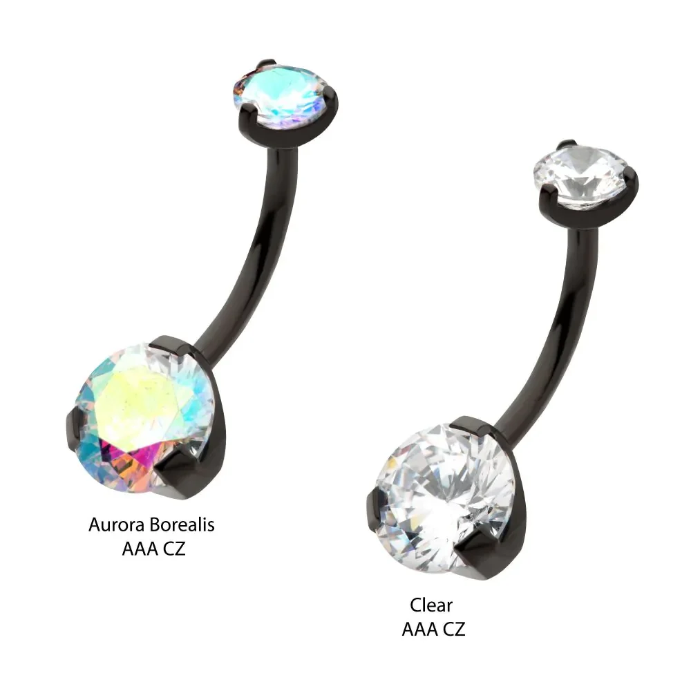 7/16” Black PVD Titanium Internally Threaded Prong Set Double CZ Fixed Bottom Navel Ring - Aurora Borealis