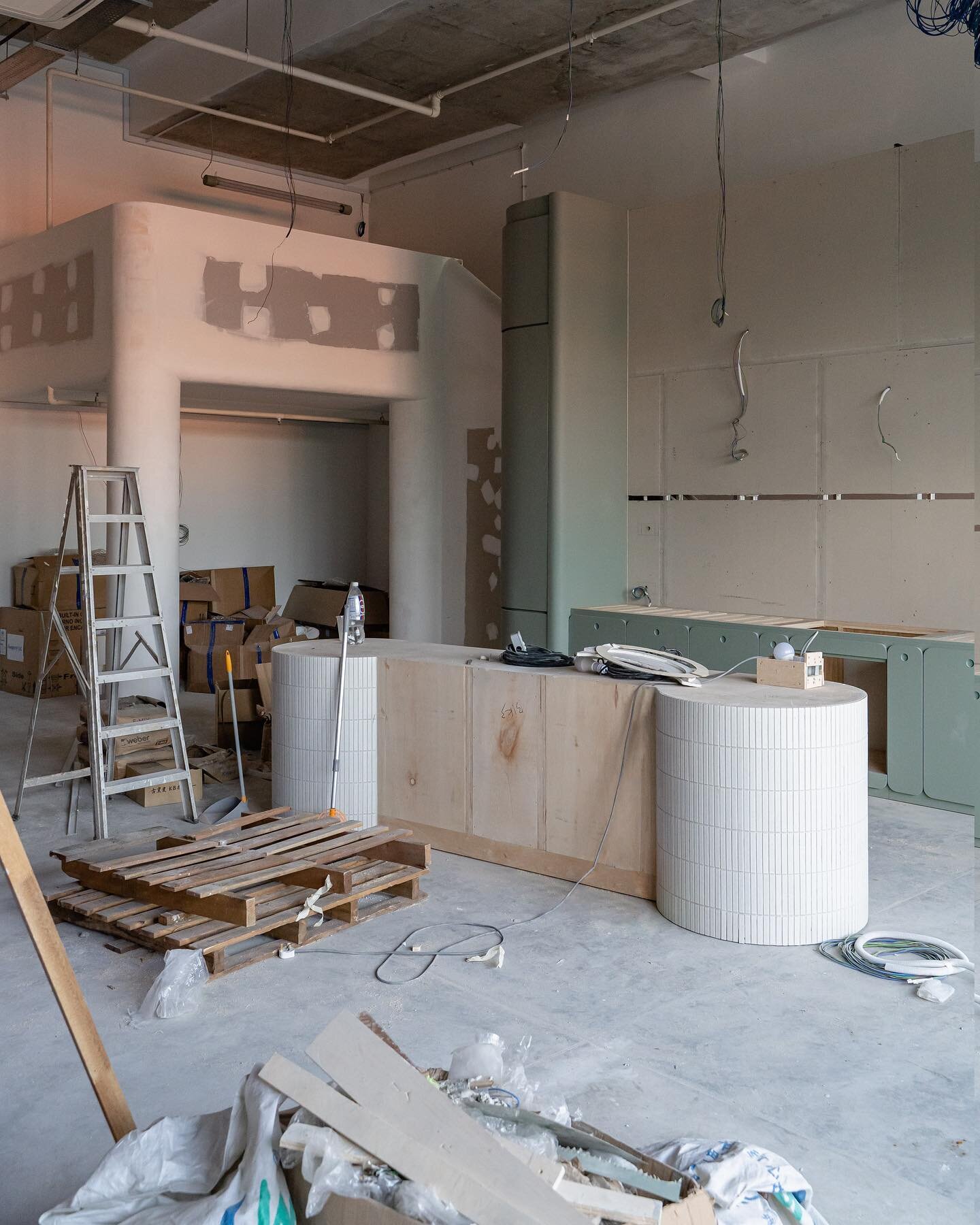 Hues and textures of our imagination for Project ATO slowly taking shape. Featuring our beautiful sage green cabinets that add vibrancy to the space. A lovely contrast to our sister studio @chuntsubaki . Here&rsquo;s us documenting the work-in-proces