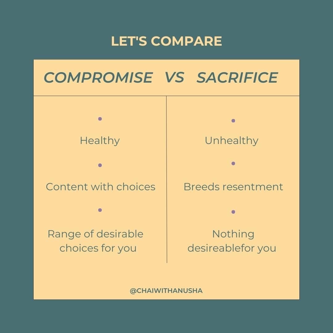 Have you heard of the advice &quot;all relationships require compromises&quot;? While this advice isn't technically wrong, the word compromise is also often misused when people really mean sacrifice.

Sacrifices are unhealthy and lead to resentment a