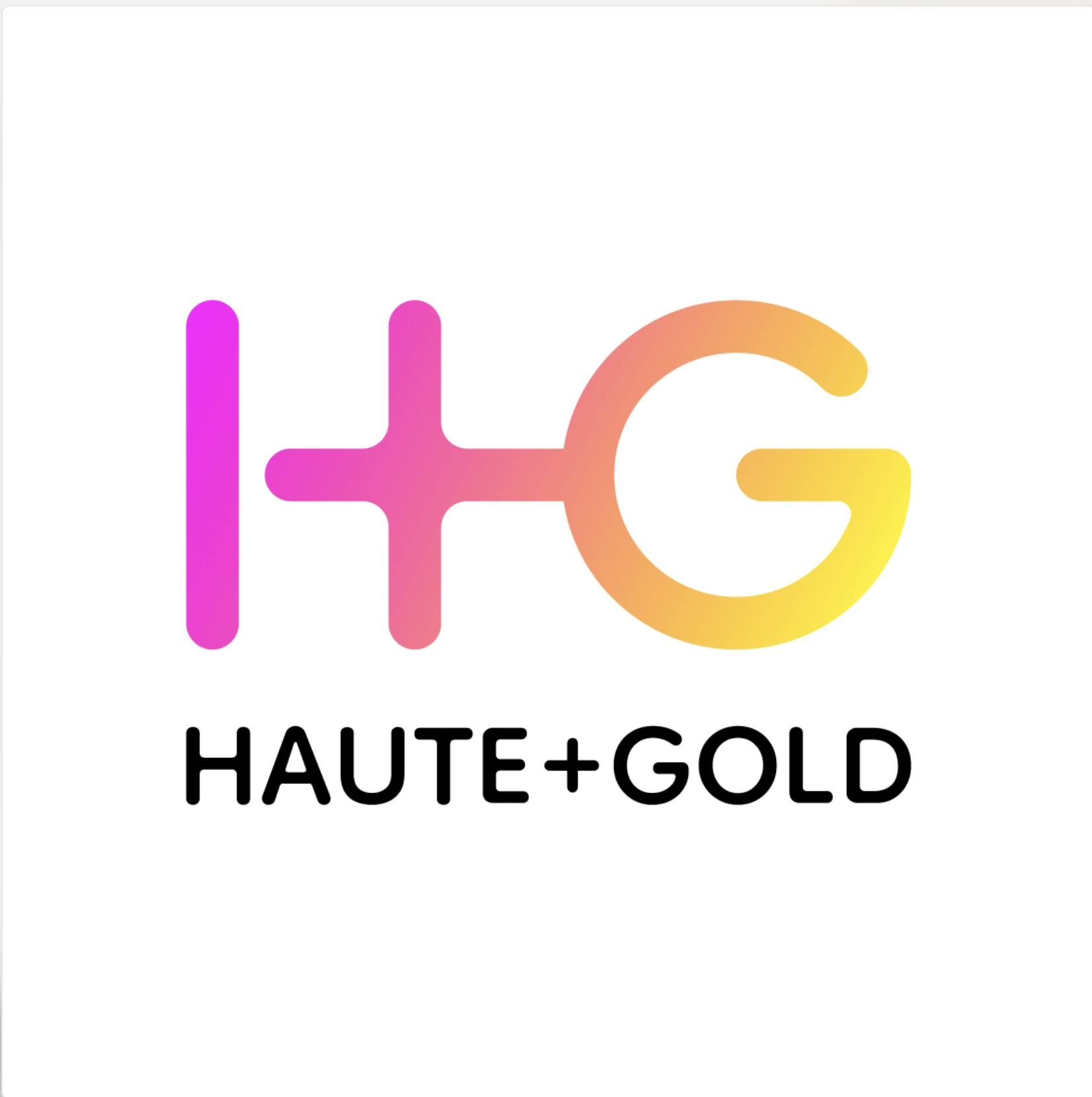 Colorful logo with the text 'HG' in purple, pink, and yellow gradient, and the words 'HAUTE + GOLD' below in black.