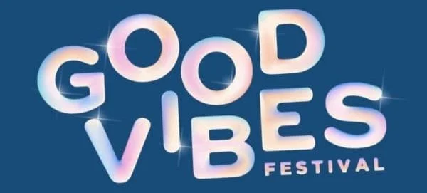 Stylized text reading 'Good Vibes Festival' with a blue background and colorful, shiny letters.