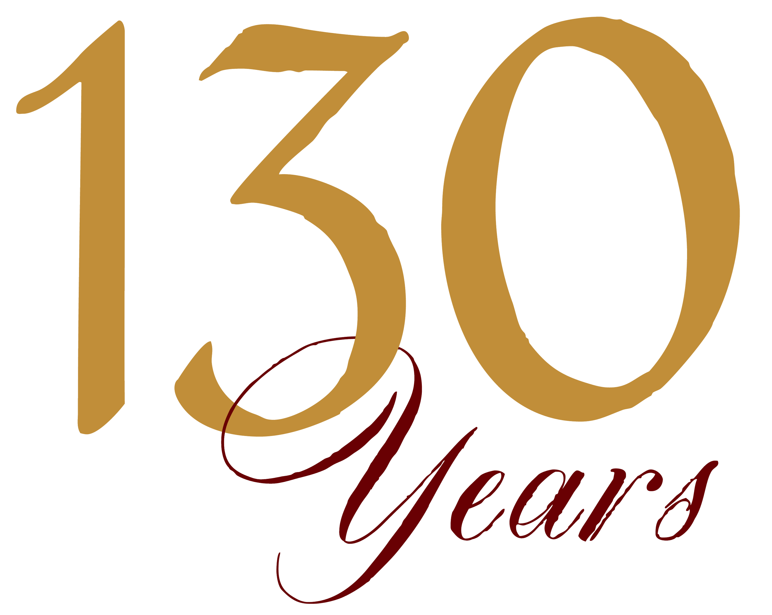 Number 130 in gold with the word "Years" in red cursive beneath it.