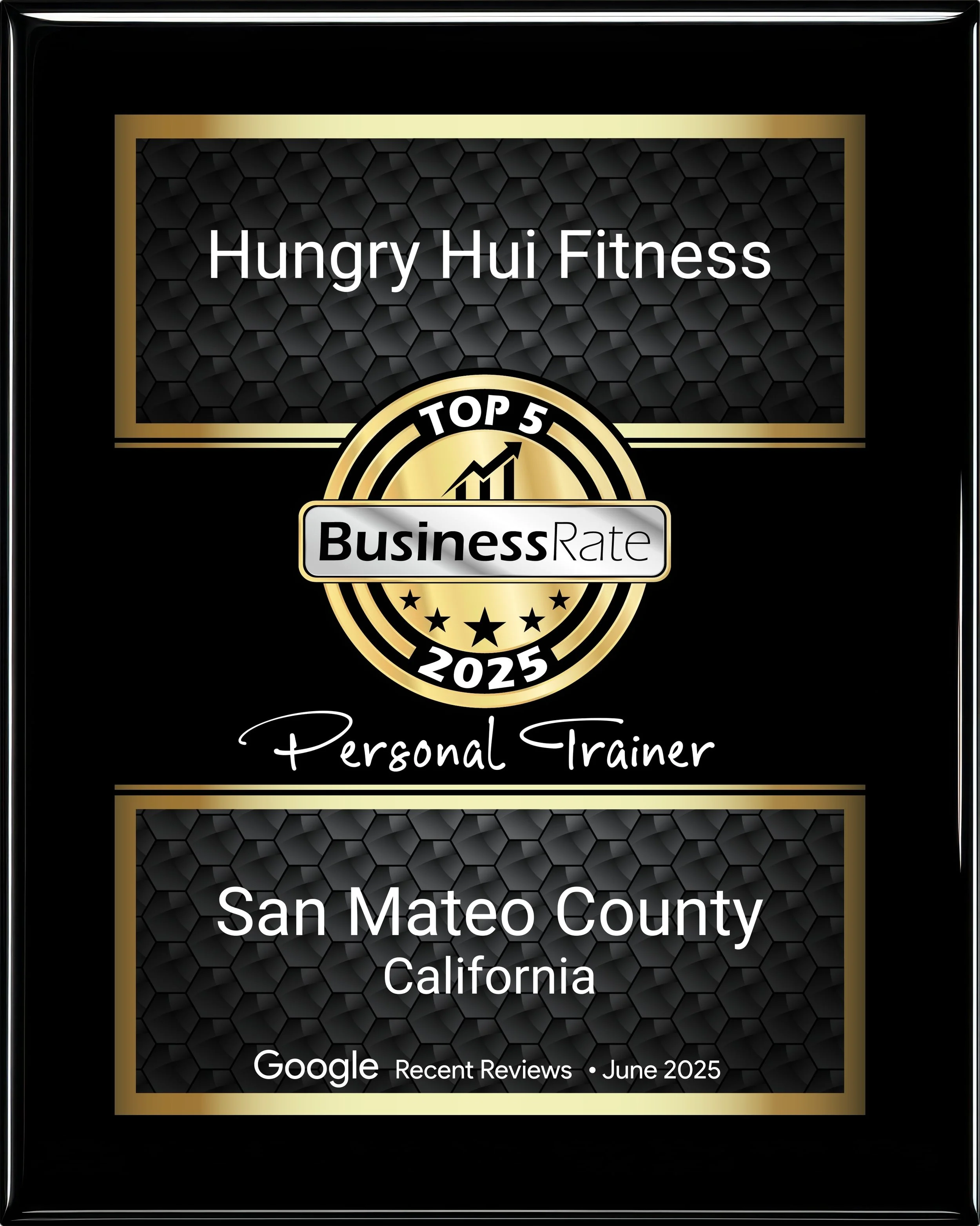 Certificate or award plaque for Hungry Hui Fitness, recognized as one of the top 5 business rate personal trainers in San Mateo County, California, June 2025, based on recent Google reviews.