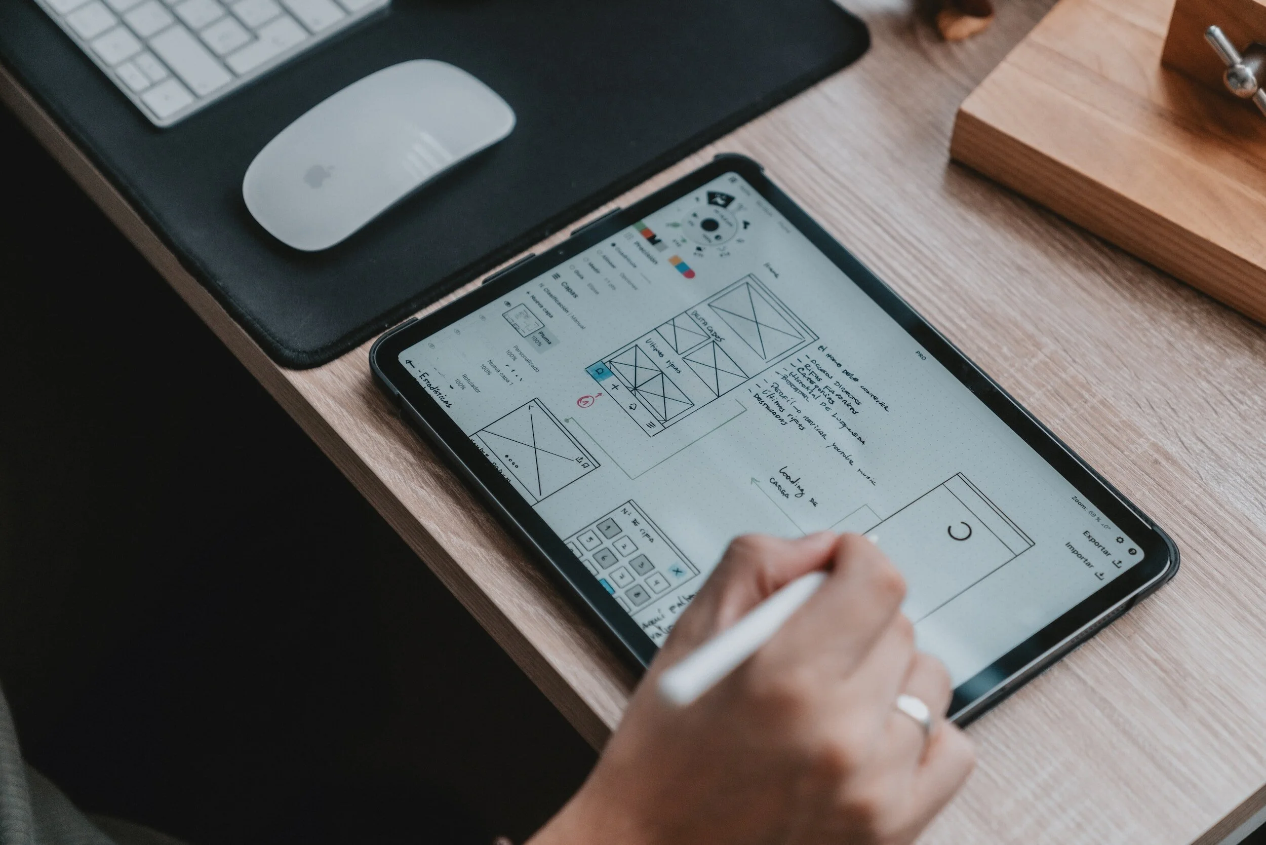 A person using a white stylus to take notes on a tablet displaying a wireframe design for a mobile app, placed on a wooden desk. Nearby are a wireless mouse and keyboard, a black desk mat, and a wooden box.