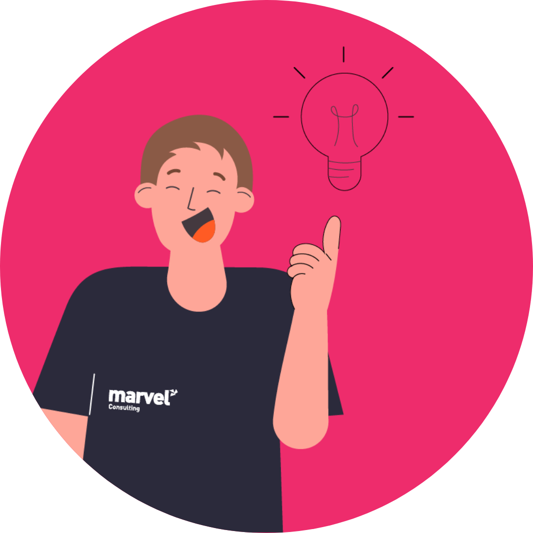 cartoon character with a happy expression and their finger pointing at a light bulb