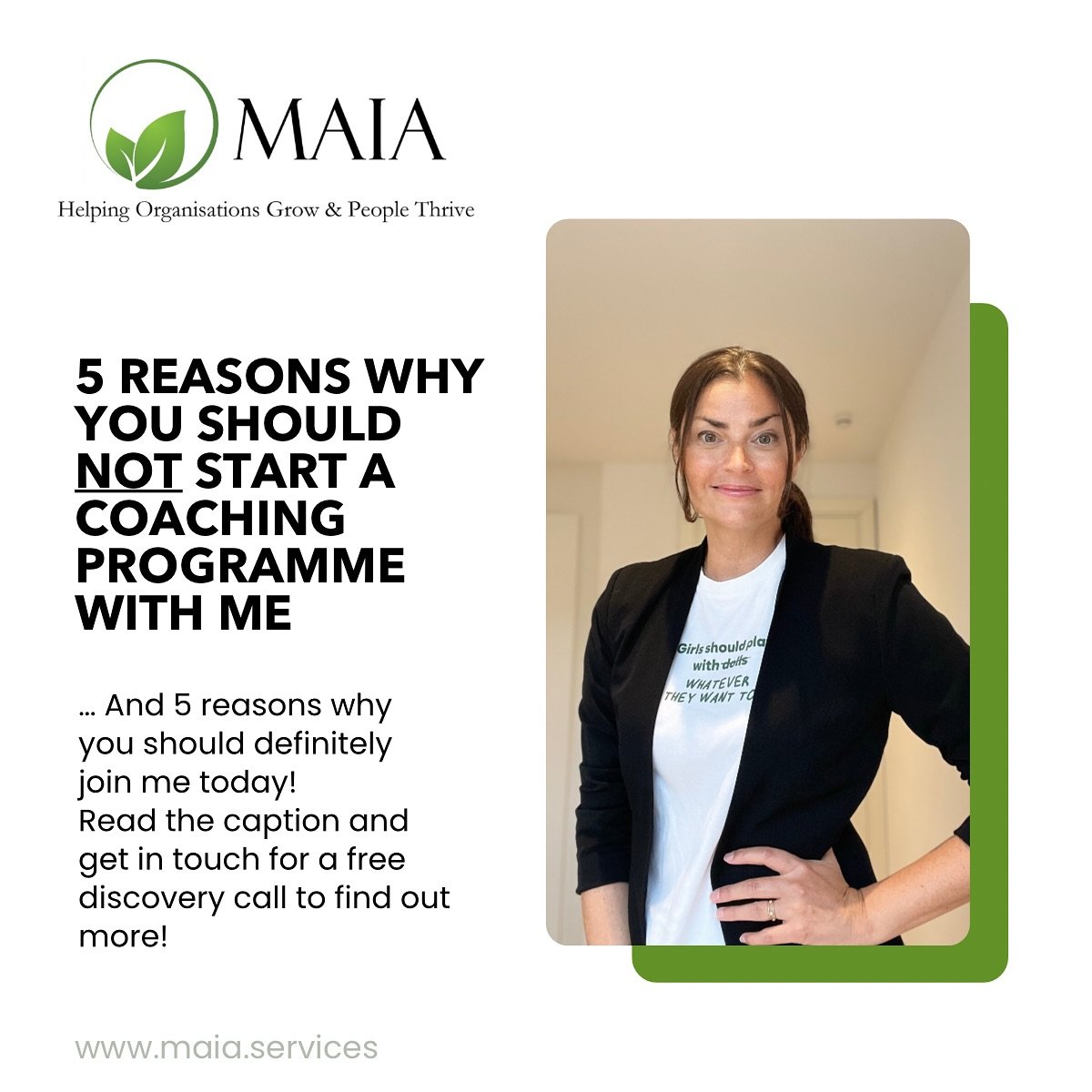 🚨 Honest full disclosure alert 🚨
Why you should NOT start a coaching programme with me:
❌ You expect a quick fix without doing the inner work yourself.
❌ You are not open to growth and new perspectives.
❌ You are looking for directive consultin
