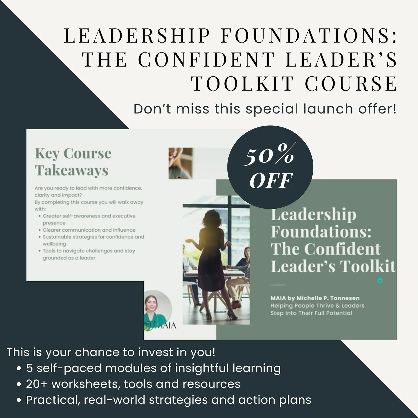 ⏳ Don’t Miss This!
The special launch price for The Confident Leader’s Toolkit online course won’t last forever.
For just €99 (normally €199), you’ll get:
* 5 self-paced modules of insightful learning
* 20+ worksh