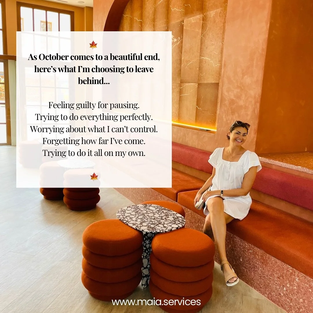 🍂 As October comes to an end, here&rsquo;s what I&rsquo;m choosing to leave behind&hellip;

✨ Feeling guilty for pausing. ✨ Trying to do everything perfectly. ✨ Worrying about what I can&rsquo;t control. ✨ Forgetting how far I&rsquo;ve come. ✨ Tryin