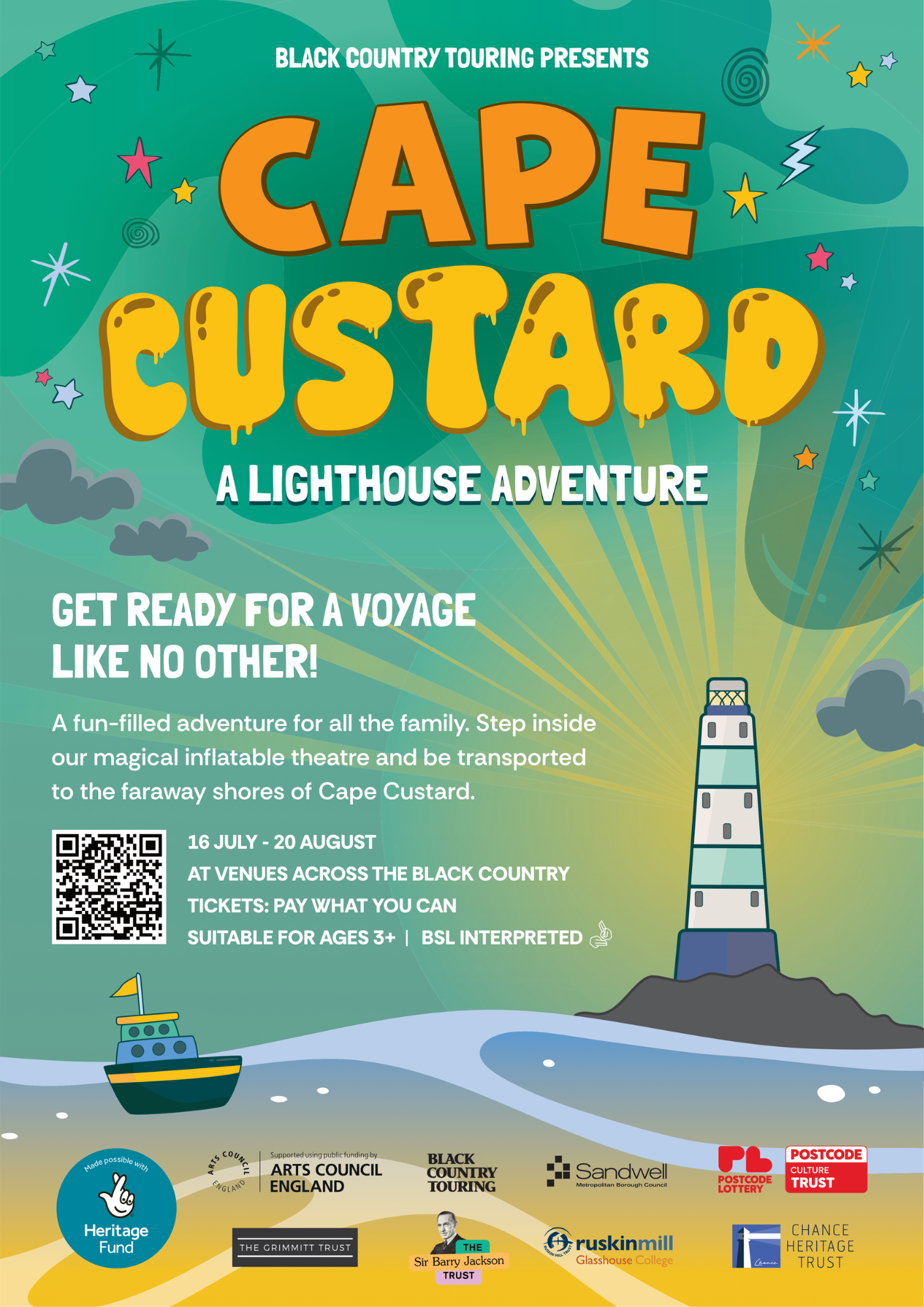 Cape Custard Poster with all funding logos. Poster is of a ship at sea and a lighthouse
