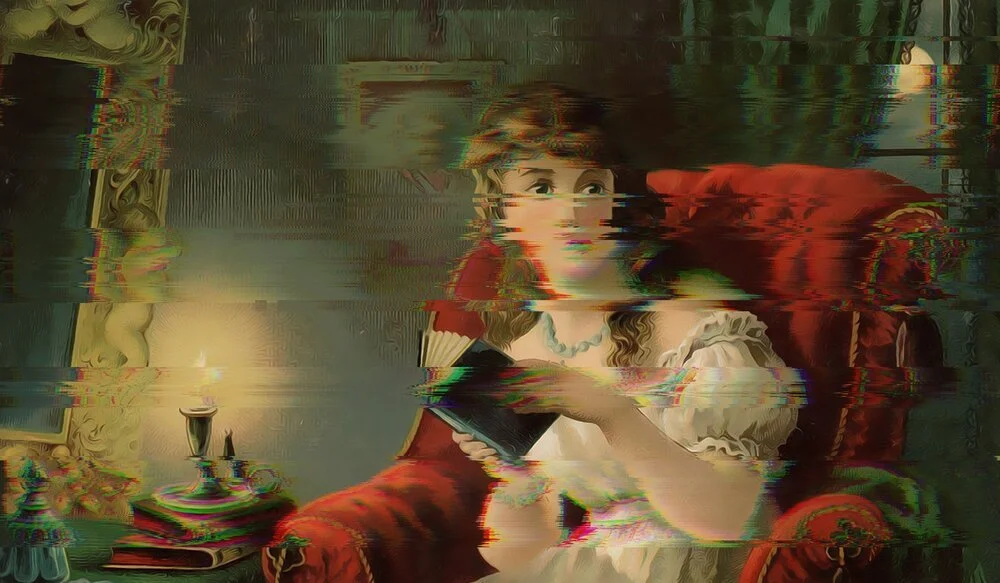 gothic style painting of woman reading a book