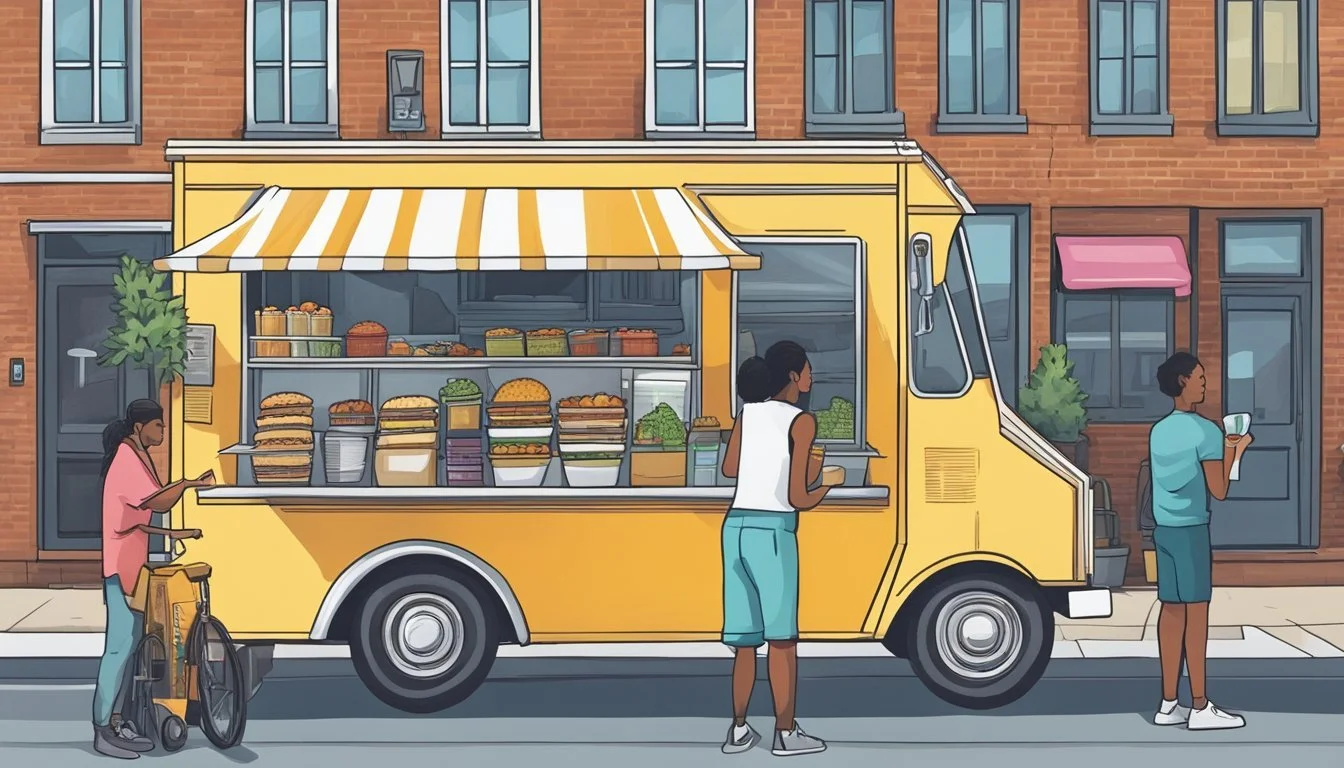 A food truck is parked on a bustling street in Oklahoma City, with customers lined up to order. The owner is busy managing the operation, while adhering to local laws and regulations